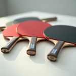 Plusieurs raquettes de tennis de table alignées sur une table blanche