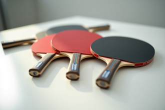 Plusieurs raquettes de tennis de table alignées sur une table blanche