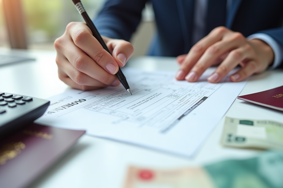 Mains remplissant une declaration fiscale avec passeports et devises