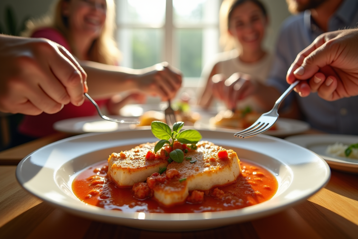 Scène de repas familial avec plat de cabillaud et chorizo