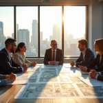 Réunion d'urbanisme dans un bureau moderne ensoleille