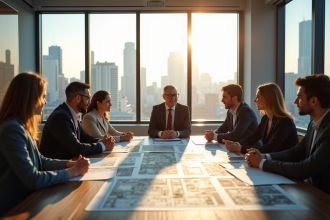 Réunion d'urbanisme dans un bureau moderne ensoleille