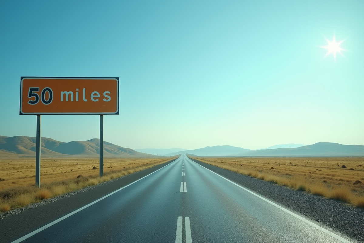 Route scénique avec panneaux indiquant 50 miles et km