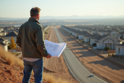 Homme d'âge moyen regardant un quartier en construction