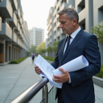 Urbaniste homme en costume bleu examine des plans en extérieur