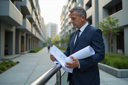 Urbaniste homme en costume bleu examine des plans en extérieur