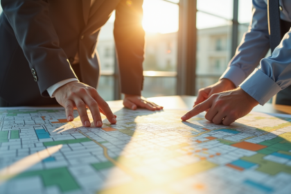 Planificateur urbain et propriétaire discutant sur une carte urbaine