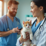 Vétérinaire rassurant un chaton dans une clinique moderne