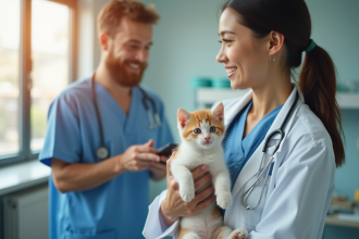 Vétérinaire rassurant un chaton dans une clinique moderne